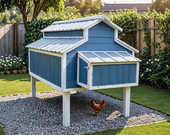 May include: A blue and white chicken coop with a metal roof stands on white posts in a grassy yard. A brown hen with a red comb is standing on the gravel ground below the coop. The coop has a small door and a nesting box.