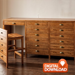 May include: A wooden desk and chair set with multiple drawers and brass-colored hardware. The desk has a built-in hutch and a matching chair. The furniture is made of light brown wood and has a classic design. The image includes a "DIGITAL DOWNLOAD" graphic.