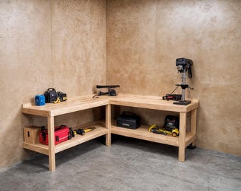 DIY Garage Workbench Plans With Corner Storage Shelves, woodworking Plans (PDF Plan)