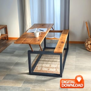 May include: A wooden lift-top coffee table with a black metal frame. The tabletop is made of light brown wood and is partially raised, revealing a storage area. A white mug and a pen sit on the table. The table measures approximately 48 inches long.