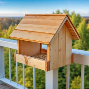 May include: A wooden bird feeder with a pitched roof, mounted on a white railing. The feeder is filled with birdseed and has a natural wood finish. The background features a blurred view of trees and a blue sky.