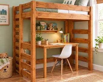 May include: A wooden loft bed with a built-in desk underneath, featuring a white chair, a small shelf with books and a teddy bear, and a mattress on top. The structure is made of light brown wood with horizontal slats on the sides.