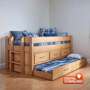 May include: A wooden bunk bed with a trundle bed, featuring a light wood finish. The beds are dressed with blue and white plaid bedding and pillows. A wooden ladder provides access to the top bunk. The trundle bed is pulled out.