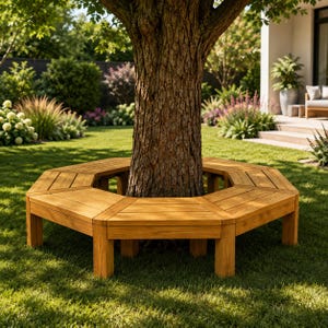 May include: A hexagonal wooden tree bench constructed from light brown planks, featuring a slatted seat design that encircles the trunk of a large tree. The bench is supported by sturdy vertical legs and sits directly on a green grass lawn.