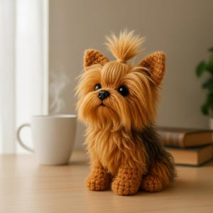 Puede incluir: Un perro Yorkshire Terrier tejido a ganchillo con pelaje marrón y negro, sentado sobre una superficie de madera. El perro tiene un moño y grandes ojos negros. Una taza blanca y libros están en el fondo.