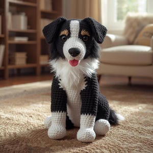 Puede incluir: Un perro de ganchillo hecho a mano en negro, blanco y marrón claro. El perro tiene el pecho y las patas blancas, las orejas y el cuerpo negros y detalles en marrón claro alrededor de los ojos. El perro está sentado sobre una alfombra marrón claro.