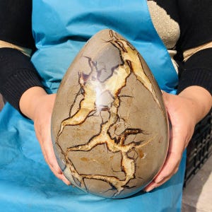 May include: A large, egg-shaped stone sculpture featuring a smooth, matte taupe surface with prominent, branching, cream-colored and dark brown mineral veins that create a complex, lightning-like pattern across the entire exterior of the object.