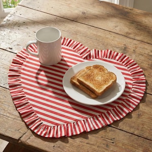 May include: A heart-shaped red and white striped placemat with a ruffled edge. A white mug sits on the placemat, and a plate with two slices of toast is next to it. The items are on a wooden table.