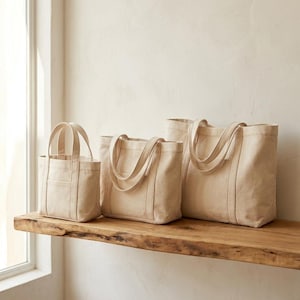 Puede incluir: Tres bolsas de lona beige de diferentes tamaños se exhiben en una estantería de madera. Las bolsas tienen asas a juego y un diseño rectangular simple. La bolsa más pequeña tiene un bolsillo frontal.