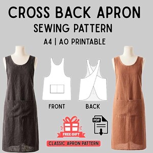May include: A cross-back apron sewing pattern with a front and back view diagram. The image shows a dark gray apron and a brown apron on mannequins. The text reads "CROSS BACK APRON SEWING PATTERN A4 | AO PRINTABLE".