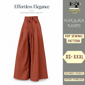 May include: Rust-colored wide-leg pants featuring a high-waisted design with a tie-front closure and pleated details. The image includes text: Effortless Elegance, Tailored Wide-Leg Fit, sewpatternbyareel, HAKAMA PANTS, PDF SEWING PATTERN, XS- XXXL, BEGINNER FRIENDLY, INSTANT DOWNLOAD.