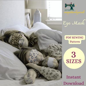 May include: Two people wearing eye masks are lying in bed. One mask has a leopard print, another has a strawberry pattern, and the third has a white and gray pattern. The image includes text that says "Eye Mask", "PDF Sewing Pattern", "3 Sizes", and "Instant Download".