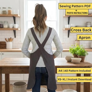 Wzór na fartuch z krzyżowym tyłem w formacie PDF | Łatwy fartuch dla początkujących z kieszeniami | Lniany fartuch do samodzielnego wykonania, wzór do druku