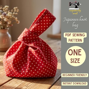 May include: A red Japanese knot bag with white polka dots. The bag has a unique knotted handle and is made of fabric. The image also includes text that says "Japanese knot bag", "PDF Sewing Pattern", "One Size", "Beginner Friendly", and "Instant Download".