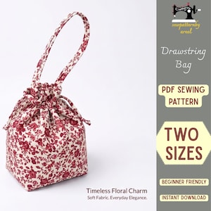 Pode incluir: Uma bolsa com cordão com padrão floral vermelho em fundo creme e uma alça única. O texto inclui: sewpatternbyareel, Drawstring Bag, PDF SEWING PATTERN, TWO SIZES, BEGINNER FRIENDLY, INSTANT DOWNLOAD, Timeless Floral Charm.