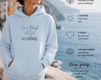 Bluza z kapturem „Rozwijaj się dzięki temu, przez co przechodzisz” | Bluza z kapturem „Affirmation”, unisexowa, wygodna mieszanka