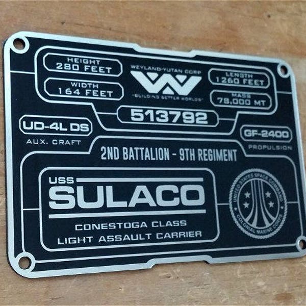 Custom ALIENS USCM SULACO 513792 Specifications Data Plate Prop Xenomorph Giger