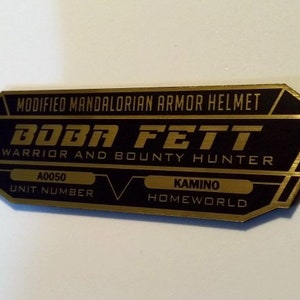 Especificaciones personalizadas del CASCO BOBA FETT Placa de datos Prop Star Wars Mandalorian