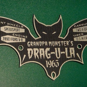 Custom MUNSTERS DRAG-U-LA Serial Data Plate Dracula Hot Rod Plaque Dragster Prop Grandpa