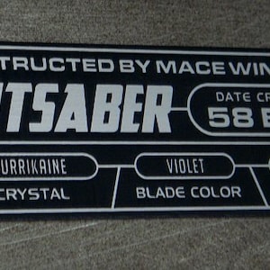Custom Mace Windu LIGHTSABER Specifications Data Plate STAR WARS Jedi