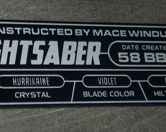 Custom Mace Windu LIGHTSABER Specifications Data Plate STAR WARS Jedi