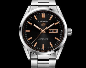 41mm Automatic Watch, Dress Sport, Black Dial with Rose Gold Markers, Steel Bracelet.