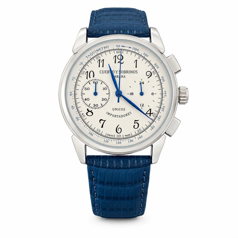 Cuervo Latin Heritage Vintage Style Dress Watch with white dial, 40mm, Quartz, Blue Leather Strap image 3
