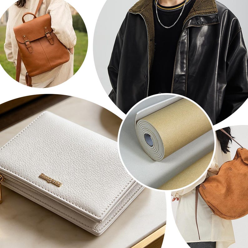 May include: A collage of fashion items: a brown leather backpack with buckles, a black leather jacket with a shearling collar, a white leather wallet with a gold zipper, and a roll of beige wallpaper, and a brown suede bag.