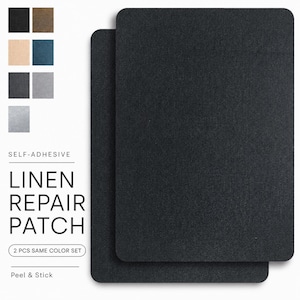 Può includere: Due toppe di riparazione in lino nero autoadesive rettangolari con una superficie in tessuto testurizzato. Il testo sull'immagine recita: SELF-ADHESIVE LINEN REPAIR PATCH, 2 PCS SAME COLOR SET, Peel & Stick. È mostrata una tavolozza di otto campioni.