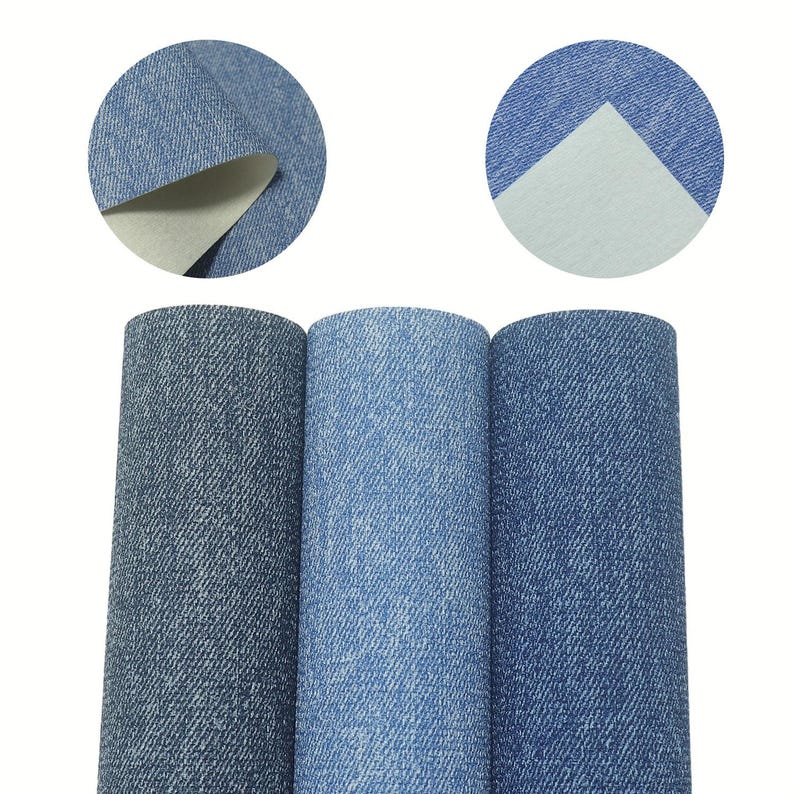 May include: Three rolls of denim fabric in varying shades of blue. The fabric has a textured appearance, with close-up circular views showing the reverse side of the material. The rolls are arranged vertically, showcasing the different denim washes.