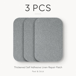 May include: Three rectangular grey linen repair patches with rounded corners. The text 3 PCS is displayed above the patches, and the text Thickened Self Adhesive Linen Repair Patch Peel & Stick is displayed below the patches.