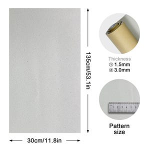 May include: A light grey rectangular sheet, 30cm by 135cm. Thickness options are 1.5mm and 3.0mm. The image includes a rolled section of the material and a ruler to show the pattern size.