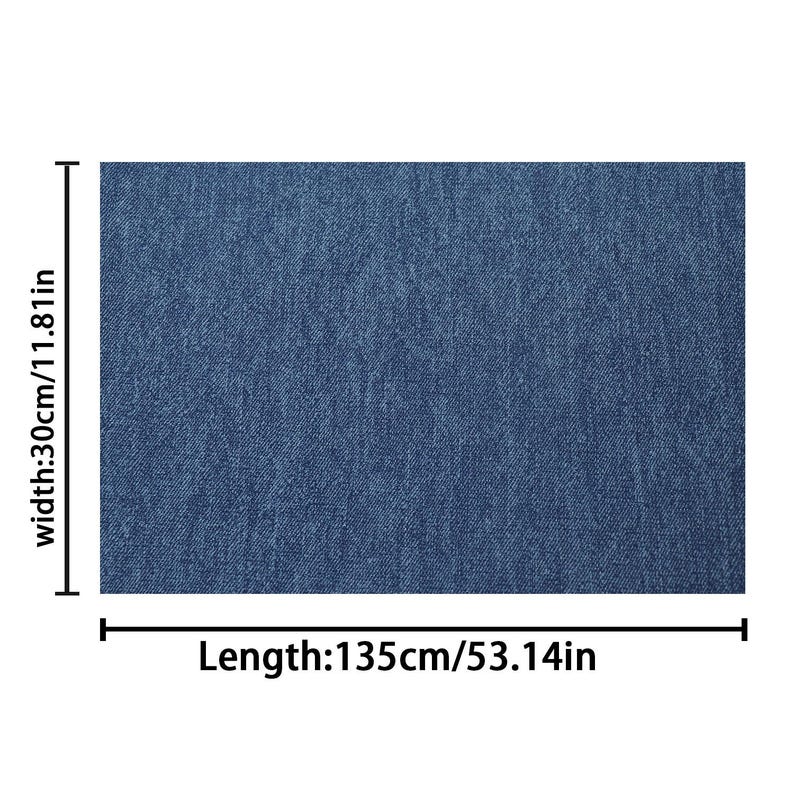 May include: A rectangular piece of blue denim fabric. The width is 30cm/11.81in and the length is 135cm/53.14in. The denim has a textured appearance.