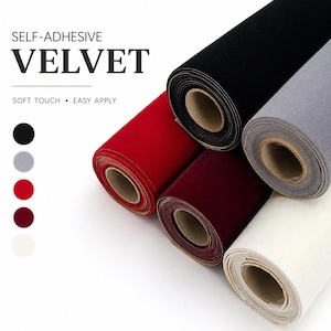 May include: A selection of self-adhesive velvet fabric rolls in colours such as black, red, grey, and burgundy. A white roll is also visible. The image includes the text "SELF-ADHESIVE VELVET" and "SOFT TOUCH • EASY APPLY."