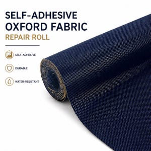 May include: A roll of navy blue self-adhesive Oxford fabric. The image shows a close-up of the rolled fabric, highlighting its texture and the words "SELF-ADHESIVE OXFORD FABRIC REPAIR ROLL". The fabric is described as durable and water-resistant.