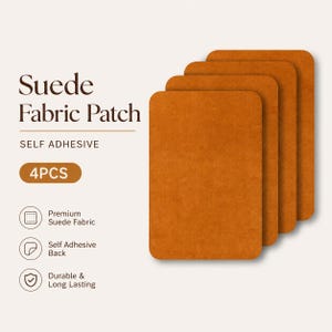 Pode incluir: Quatro remendos retangulares de tecido de camurça autocolantes em um tom laranja quente. A imagem inclui o texto "Suede Fabric Patch", "Self Adhesive" e "4PCS". Texto adicional descreve os remendos como "Premium Suede Fabric" e "Durable & Long Lasting".