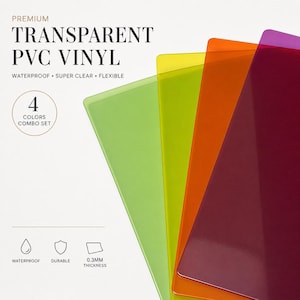 Transparent Colored PVC Vinyl Sheets, 4 Colors Combo Set, Clear Flexible Plastic Fabric for Bags, Bows & Crafts, 0.3mm