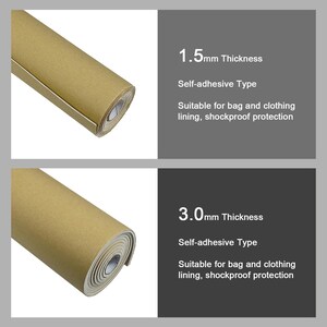 May include: Two rolls of beige self-adhesive material, one with a thickness of 1.5mm and the other 3.0mm. The material is suitable for bag and clothing lining, providing shockproof protection. The image text reads "Self-adhesive Type".