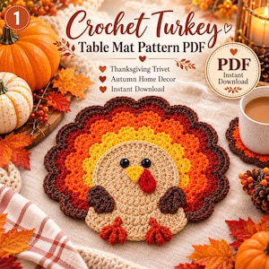 May include: A crochet turkey table mat pattern PDF featuring a tan turkey with a multi-colored tail in shades of yellow, orange, and dark brown. The text reads Crochet Turkey Table Mat Pattern PDF, Thanksgiving Trivet, Autumn Home Decor, Instant Download.