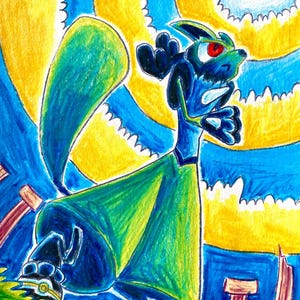 May include: A coloured pencil drawing of a blue, anthropomorphic creature with red eyes and a large tail, wearing a green robe. The background features a bright yellow sun with radiating beams and blue sky, with brown pillars in the foreground.
