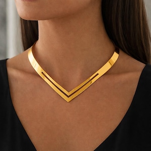 Gold or Silver Chevron Statement Necklace – Bold V Collar Necklace, Geometric Modern Choker Jewelry