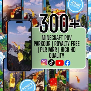 Pode incluir: Uma coleção digital de mais de 300 vídeos de parkour Minecraft em primeira pessoa em alta definição. O gráfico apresenta várias telas de smartphone exibindo o jogo, um selo 2026 Edition e ícones para Instagram, TikTok, YouTube e Facebook.