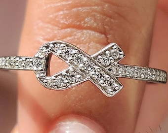 Lab Diamond Infinity Knot Ring, Pave Pave Band, Sterling Silver, 10K, 14K Gold