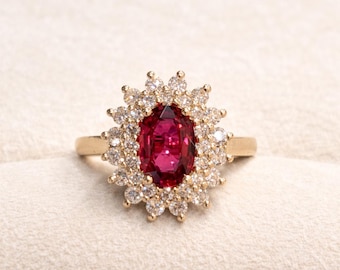 Oval Ruby Halo, Diamond Cluster Engagement, Vintage Floral Gold Statement Ring