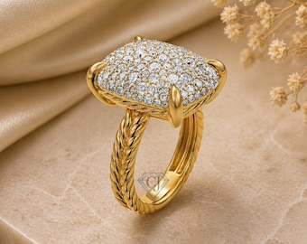 1.75 CT Lab Grown Diamond Cushion Dome Ring, Twisted Rope Band, Statement Gold Ring