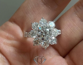 1.50 Ct Moissanite Flower Halo Ring, Floral Cluster Engagement Ring, Vintage Nature Inspired Jewelry