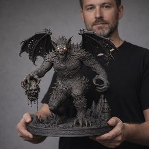 Op de afbeelding: Een gedetailleerd, donkergrijs gargoyle-beeld met feloranje ogen, met een schedel in de hand. Het beeld heeft grote vleugels en staat op een decoratieve basis. Het beeld wordt vastgehouden door een persoon in een zwart T-shirt.