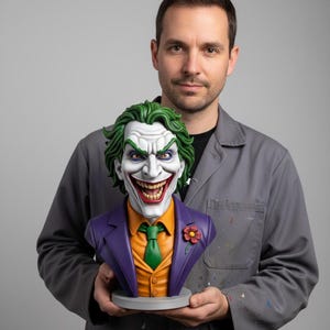 Puede incluir: Busto detallado del Joker, con pelo verde, maquillaje blanco y una amplia sonrisa amenazante. La figura lleva un traje morado con camisa naranja y corbata verde, y una flor roja en la solapa. El busto está sobre una base gris.