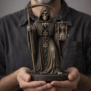 May include: A detailed statue of the Grim Reaper, holding a scythe and an hourglass. The figure is clad in a dark, hooded robe and adorned with skull and star pendants. The statue is a dark bronze color and rests on a circular base.