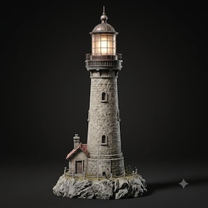 May include: A stone lighthouse sculpture featuring a textured gray exterior, a small attached building with a red roof, and a glowing lantern room at the top. The structure sits on a rocky base and includes a metal railing around the gallery deck.